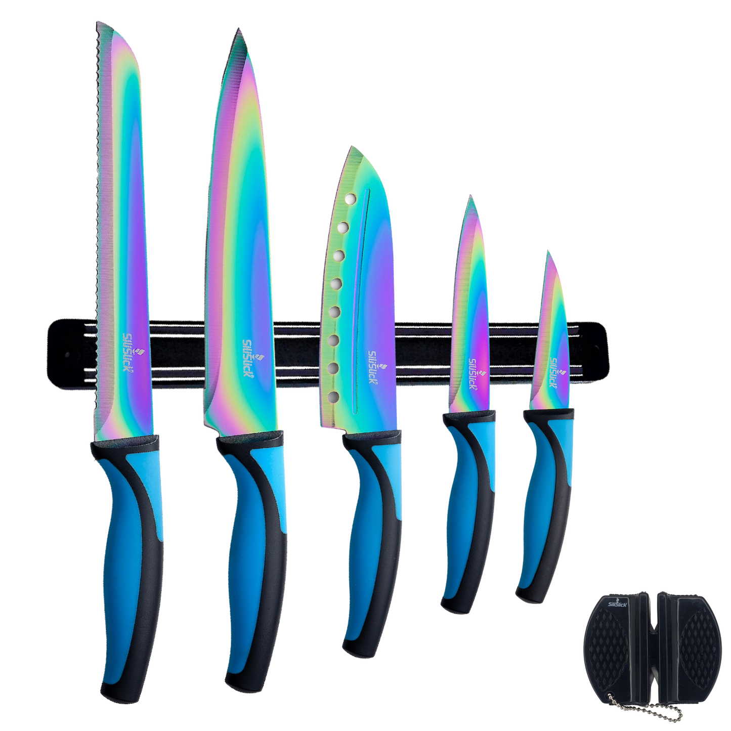 Kitchen Knife Set Kit | Blue Handle & Black Magnetic Rack