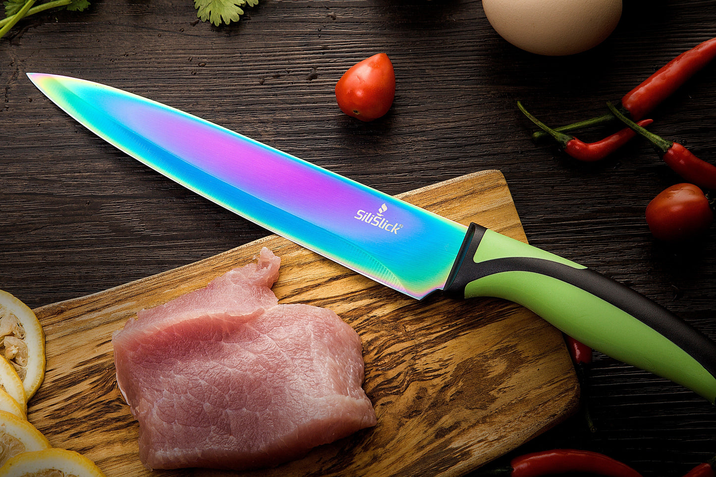 Kitchen Knife Set Kit | Green Handle & Black Magnetic Rack
