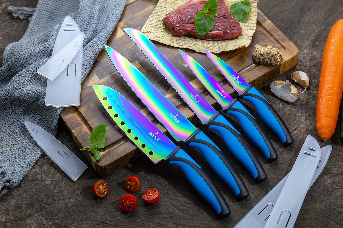 Kitchen Knife Set Kit | Blue Handle & Black Magnetic Rack