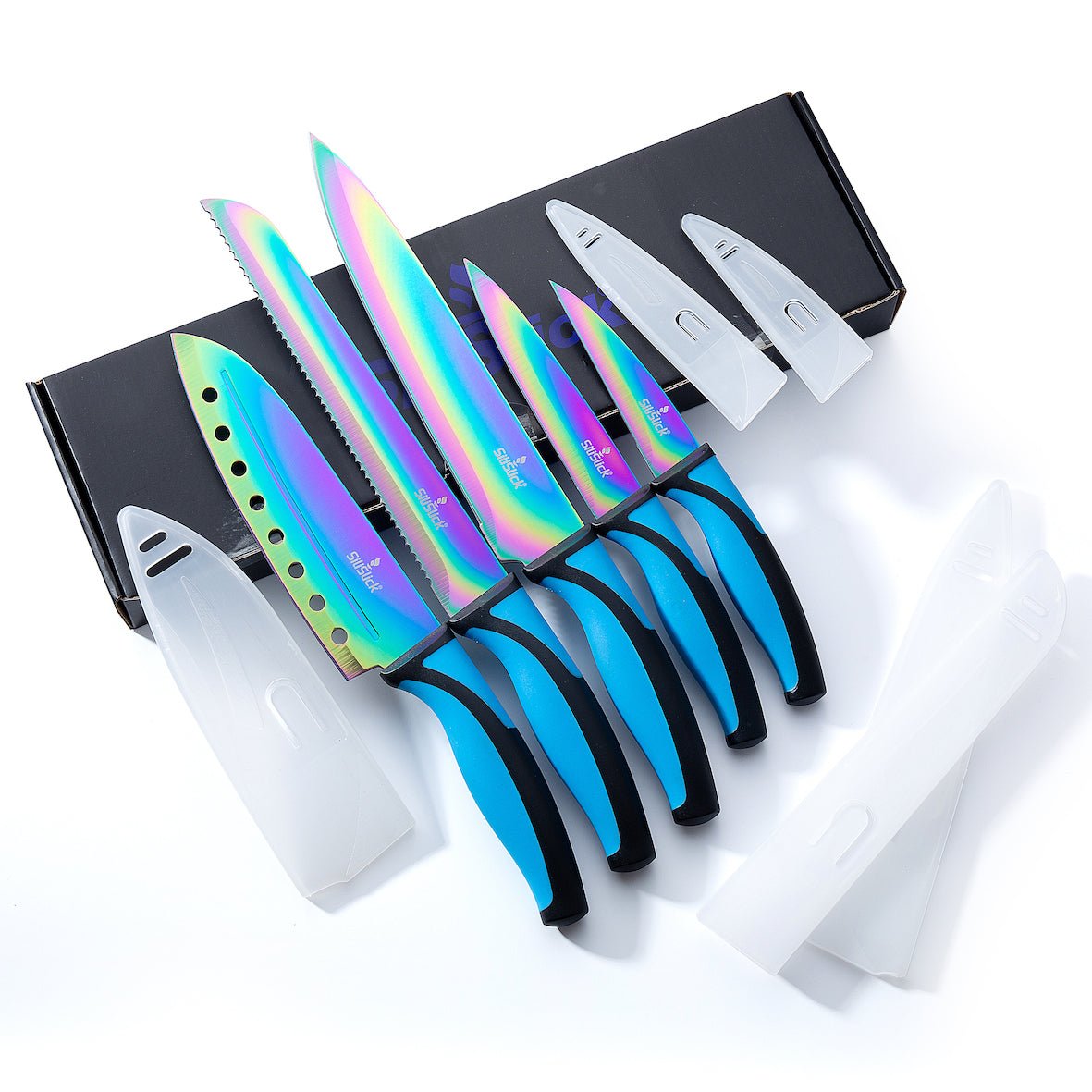 Kitchen Knife Set Kit | Blue Handle & Black Magnetic Rack