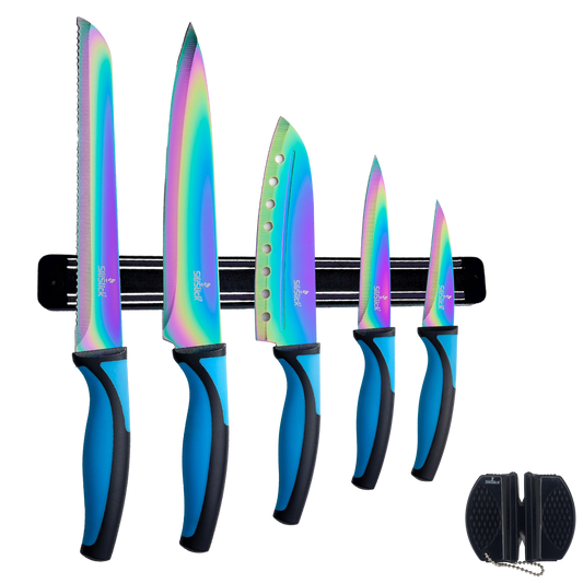 Kitchen Knife Set Kit | Blue Handle & Black Magnetic Rack