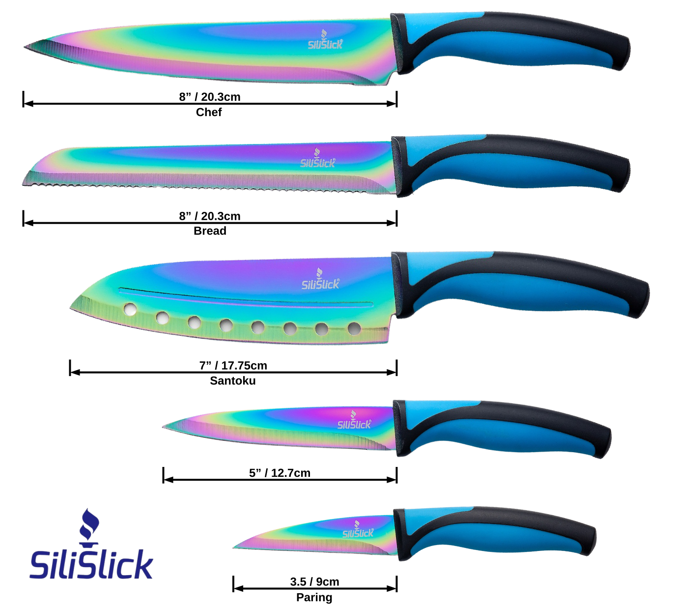 Kitchen Knife Set Kit | Blue Handle & Black Magnetic Rack