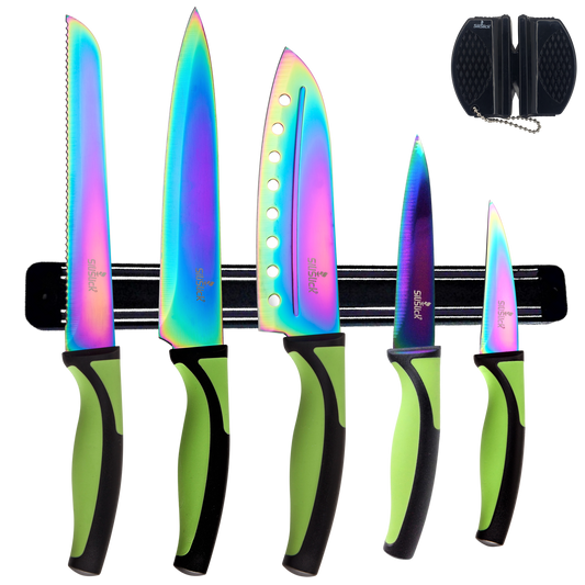 Kitchen Knife Set Kit | Green Handle & Black Magnetic Rack